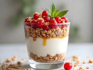 Goji Berry Yogurt Parfait Delight: A beautifully layered yogurt parfait served in a glass, topped with fresh goji berries, granola, and a drizzle of honey for a refreshing breakfast menu.