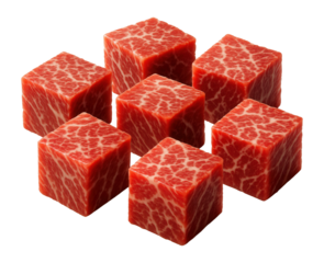 Seven marbled beef cubes arranged in a neat pattern showcasing rich texture and vibrant color on transparent background.