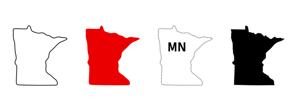 Minnesota state map icon. US state silhouette in outline, solid, dotted line and abbreviation MN sign. Northern Midwest region symbol. Minneapolis and Twin Cities area pictogram. USA map illustration.