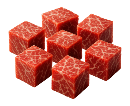 Seven marbled beef cubes arranged in a neat pattern showcasing rich texture and vibrant color on transparent background.