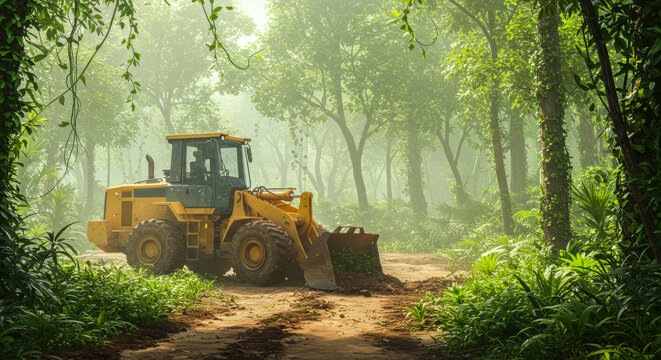 Yellow Bulldozer Clearing Path in Misty Forest – Industrial Machinery in Nature