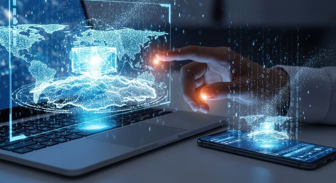 A Hand Interacting With a Glowing Network Node on a Laptop, Projecting a Global Data Web with Binary Code and Data Particles - Powered by Adobe