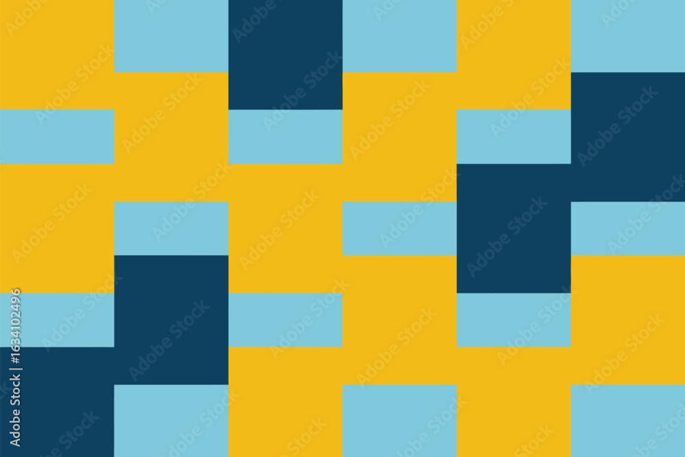 Poster a geometric pattern with squares and rectangles in shades of yellow blue and dark blue creating a de