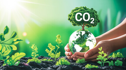 A digital illustration of hands cradling a transparent globe with a CO2 molecule symbol on top.