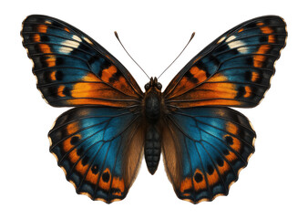 Vibrant butterfly with blue, orange, and black patterned wings, showcasing detailed textures and symmetrical design on transparent background.