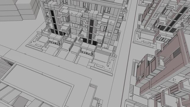 Animation of a Generic Apartment Building with solar panels on top, Seamless Looped Animation, 3D Linework rendering