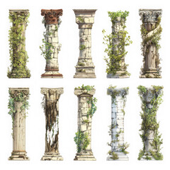 Naklejka premium Collection of columns with plants on them on a white background