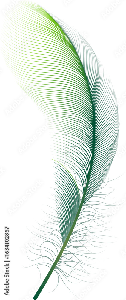 Poster green feather floating on a white background, with a gradient color effect going from light green to