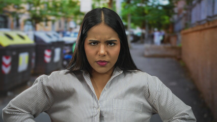 Woman expressing disapproval with crossed arms on urban street, highlighting her determined stance...