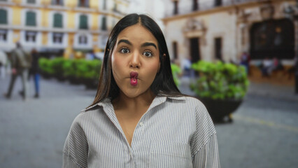 Young latin woman smiling outdoors in urban street setting with colorful background, showcasing vibrant mood and city life engagement