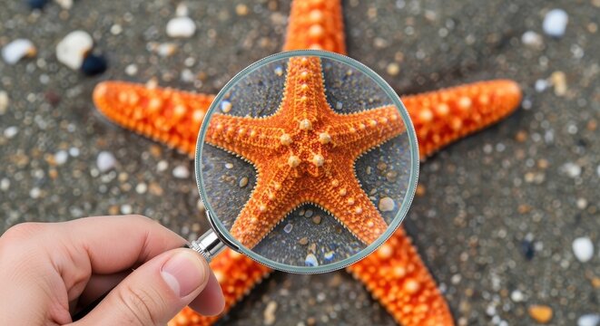 Close-up View of a Starfish on Sandy Beach with Magnifying Glass Revealing Intricate Marine Life Details - Powered by Adobe