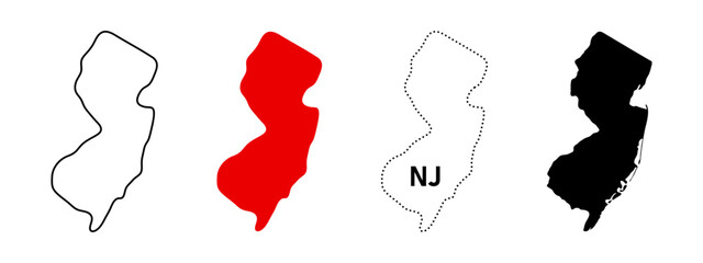 New Jersey map icon set. State outline, solid fill, dotted NJ label sign and silhouette symbol. USA northeast region pictogram. Trenton location and state shape map illustration.