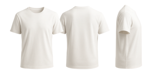 Three views of a plain white t-shirt, showcasing the front, back, and side perspectives on transparent background.