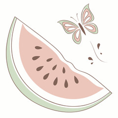 A slice of watermelon with a butterfly isolated on white background in summer