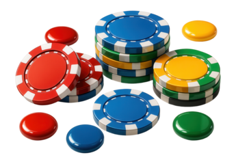 Colorful poker chips in various red, blue, green, and yellow hues arranged in stacks on transparent background.