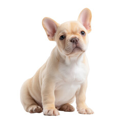 Obraz premium Adorable French Bulldog puppy with light cream fur and expressive ears, sitting comfortably against a white isolated background.