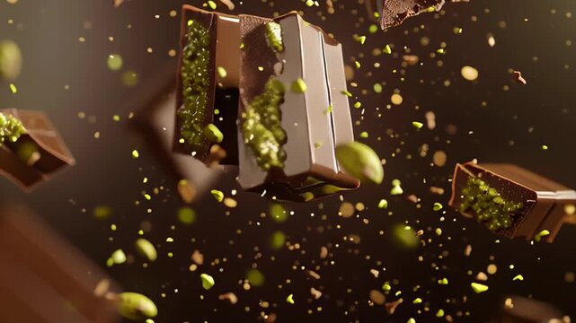Delicious floating chocolate with pistachio filling in motion