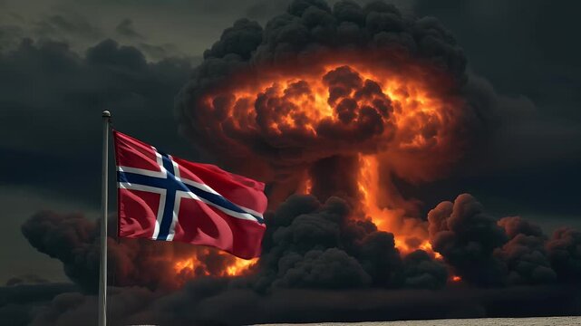 Animation zooms out from the Norwegian flag against a nuclear explosion to reveal a desolate, war-torn landscape. Suitable for projects about war, apocalypse, or international crisis.