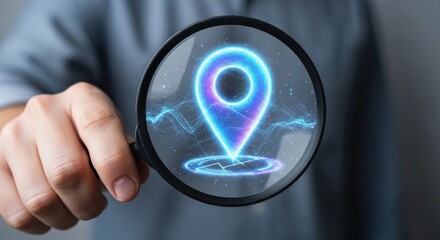 Magnifying glass inspecting glowing location pin icon on a futuristic digital map interface