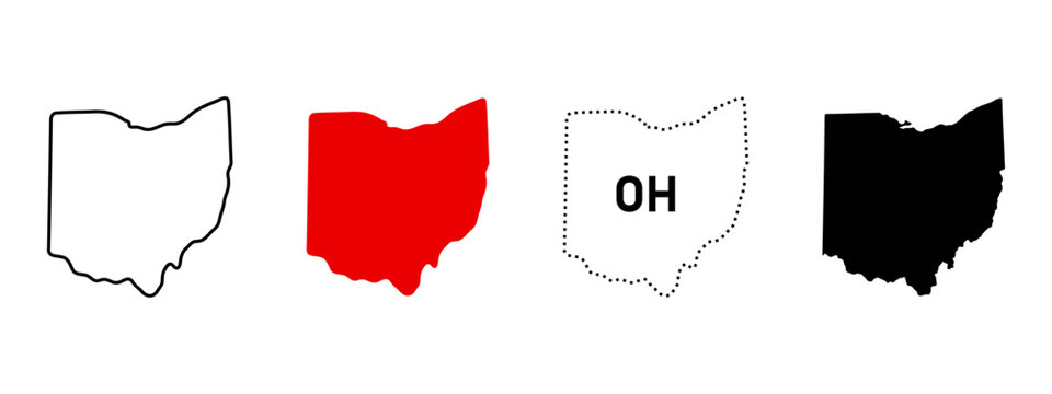 Ohio map icon set. Outline, red fill, OH dotted sign and black silhouette symbol. Midwestern state pictogram. Columbus capital city location and USA border illustration.
