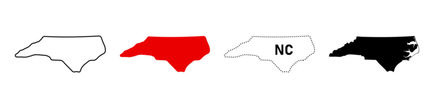 North Carolina map icon set. State outline, solid red, dotted NC sign and filled silhouette symbol. Southeast USA pictogram. Raleigh capital and coastline illustration.
