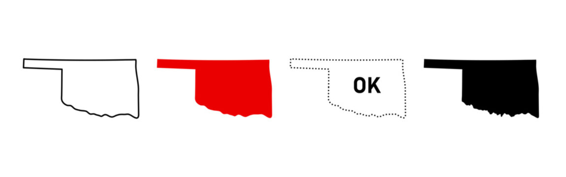 Oklahoma map icon set. Outline, red fill, OK dotted sign and black silhouette symbol. Southern plains state pictogram. Oklahoma City capital location USA map illustration.