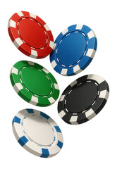 Five colorful poker chips in red, blue, green, black, and white with contrasting accents on transparent background.