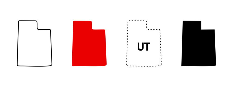 Utah map icon set. Red fill, solid black, UT abbreviation and outline sign. Western US state symbol. Salt Lake City capital pictogram. Simple geographic region illustration.