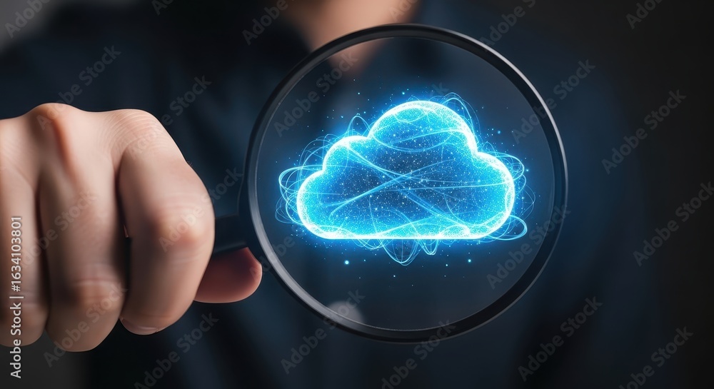 Poster analyzing cloud computing technology. a hand holds a magnifying glass over a glowing digital icon.