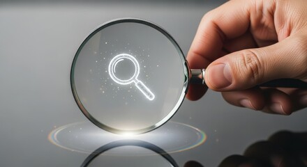 Hand holding magnifying glass with hologram icon, searching, finding, business, and research concept