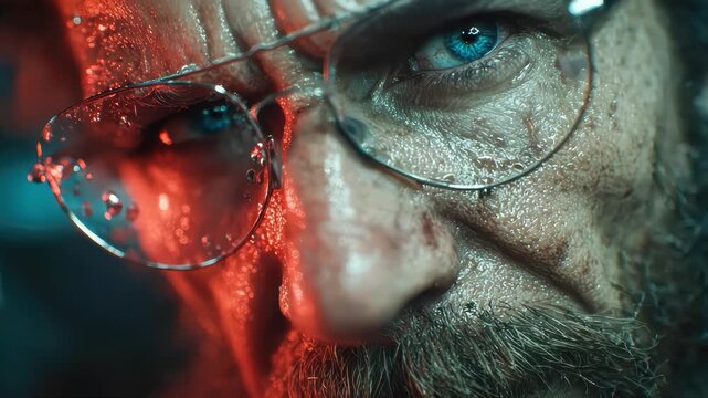 Intense close-up of a mad scientist with wet face, blue eyes, and glasses, highlighted by dramatic red lighting