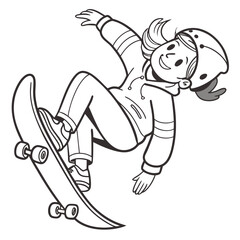 Girl skateboarding with helmet isolated on white background doing a trick in the air