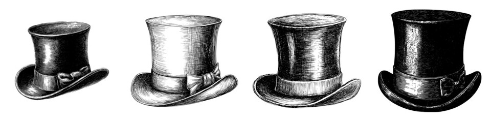 A gentleman's vintage etching design is depicted in a sketch of ink graphic top hat illustration, draft silhouette drawing, and black on white line art