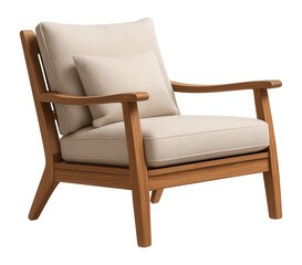 Elegant wooden armchair with plush beige cushions and sleek armrests on transparent background.