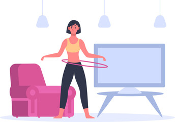 Fototapeta premium Young woman enjoying her free time, exercising with a hula hoop in her cozy living room while watching television, maintaining fitness and promoting a healthy lifestyle