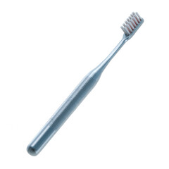 Close-up of a blue toothbrush on a white background, showcasing its bristles and handle design. Perfect for dental hygiene themes and health care concepts.