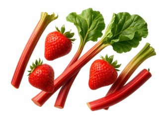 Fresh rhubarb stalks and ripe strawberries paired with green leaves on transparent background.