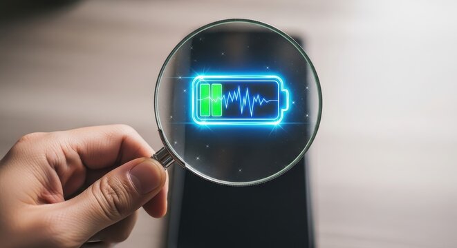Magnifying Glass Over Phone with Holographic Battery Icon Displaying Dynamic Charge Levels