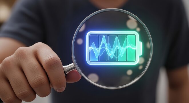 Magnifying glass focuses on glowing battery icon with fluctuating energy levels