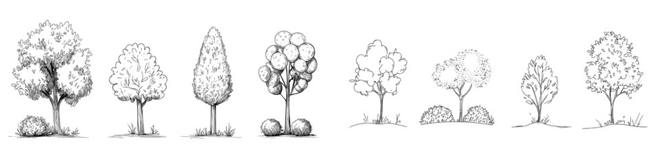 Architectural landscape illustration consisting of a tree set created by hand drawing
