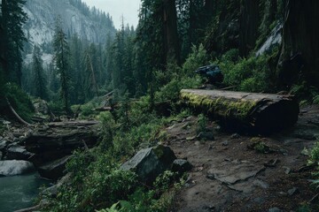 Lush forest floor, fallen log, misty mountains