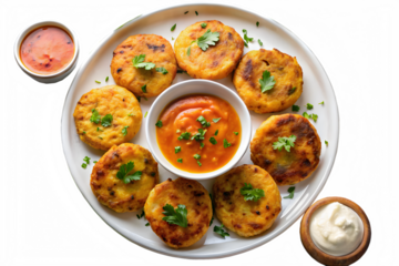 Plate of potato cutlets with dipping sauces isolated on transparent background