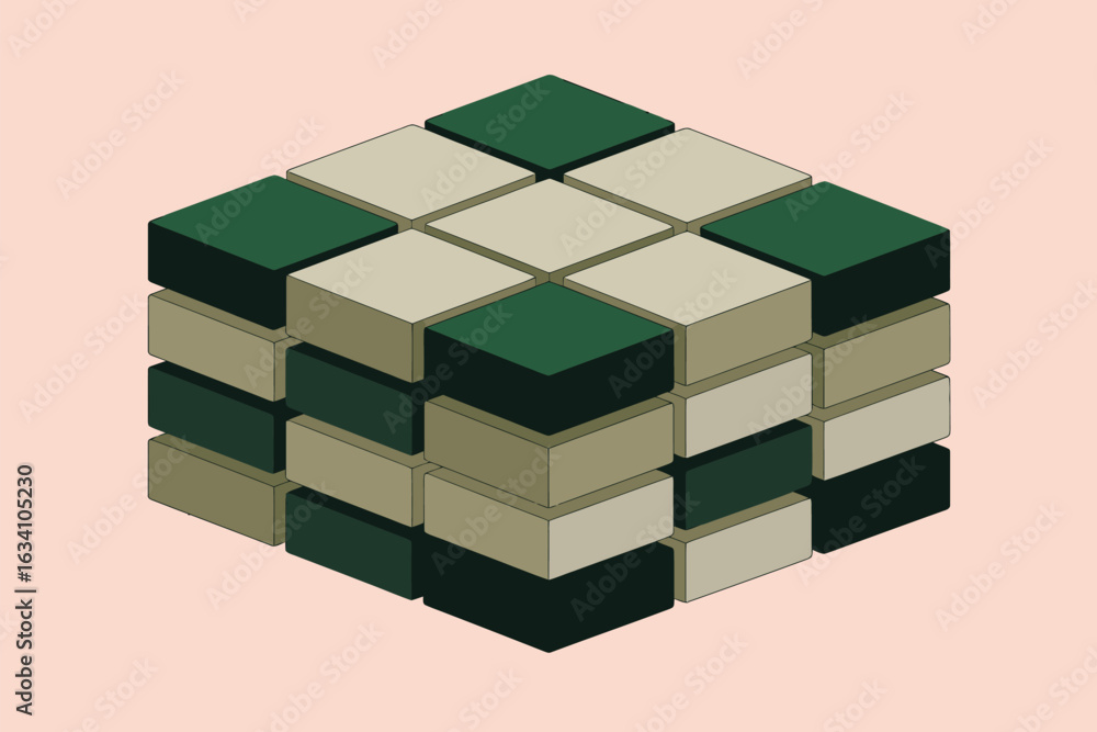 Poster a cube made of alternating green and beige blocks stacked in a pattern on a light peach background