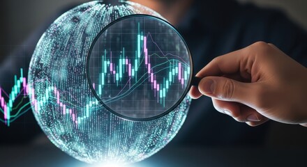 Analyst using a magnifying glass to examine a holographic global financial stock market chart for investment