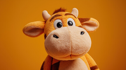 Cute plush cow toy with big eyes. Soft stuffed animal resembling a cartoon-style cow, photographed against an orange background in close-up view