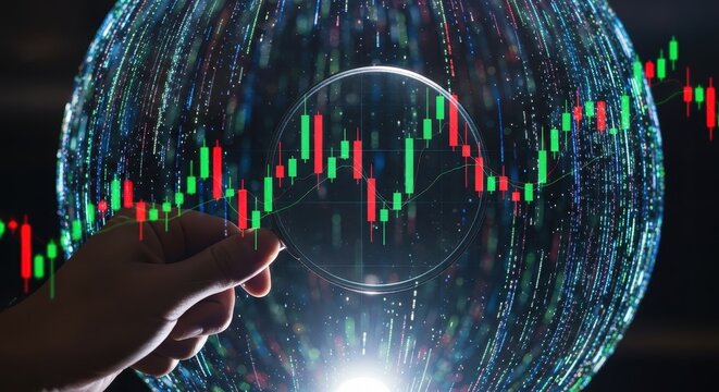 Hand holding a magnifying glass to analyze a 3D holographic icon of a financial candlestick chart - Powered by Adobe
