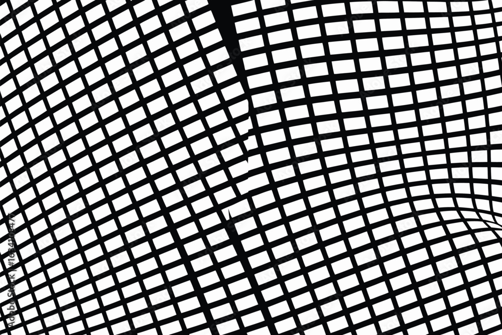 Poster abstract black and white grid pattern with a distorted or warped appearance creating an optical illu