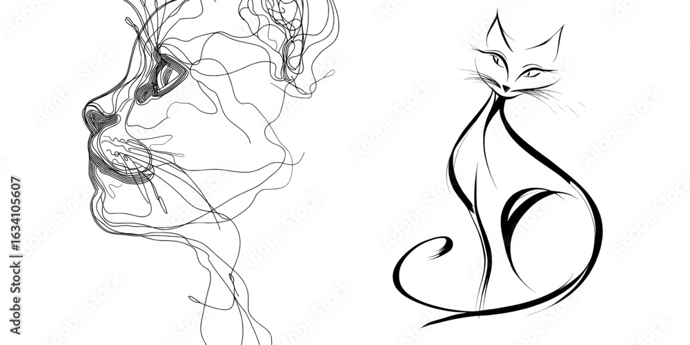 Poster a cat is depicted in a continuous line art drawing style, presented as a minimalist black linear ske