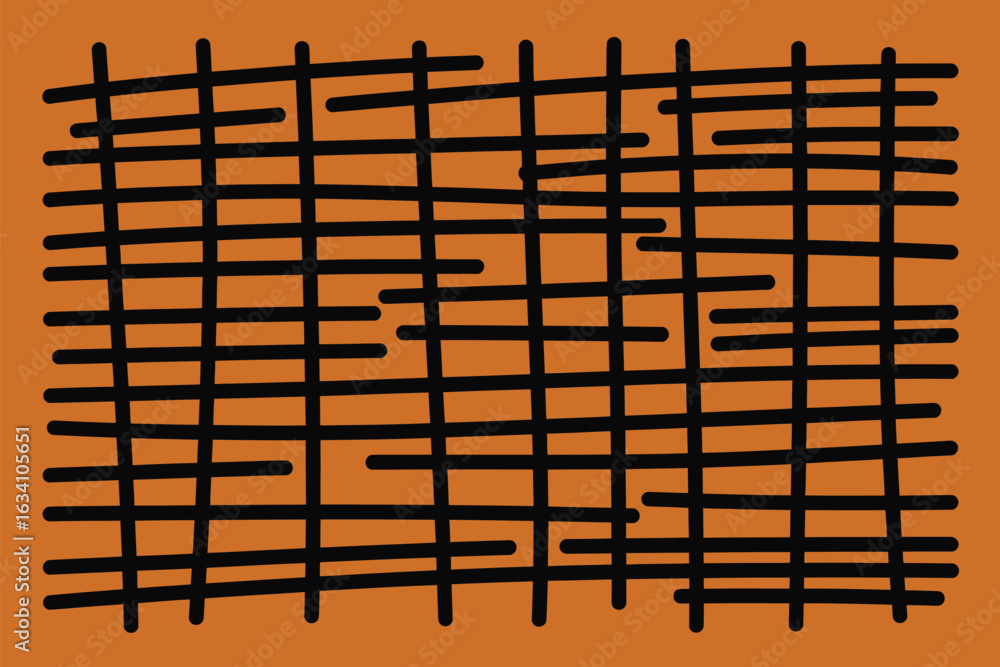 Poster a pattern of black horizontal lines of varying lengths on an orange background forming a grid like s