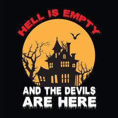 Halloween Graphic: Spooky Haunted House Silhouette, Blood Dripping Text, Orange Moon Background, Gothic Horror Theme, Dark and Eerie Mood.